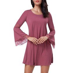 Kate Kasin Women's Casual Round Neck Loose A Line Tunic Dress Long Sleeves