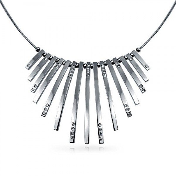Bling Jewelry Crystal Vertical Bar Modern Statement Pendant Stainless Steel Necklace 18 Inches