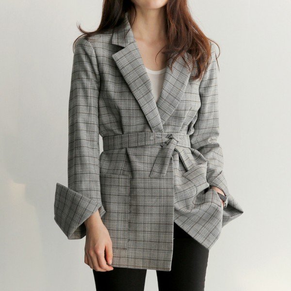 2018 New Autumn Women Gray Plaid Office Lady Blazer Fashion Bow Sashes Split Sleeve Jackets Elegant Work Blazers Feminino