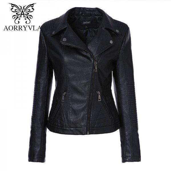 AORRYVLA 2017 New Autumn Women Faux Leather Jacket Fashion Black Color Turn-Down Collar Zippers Short Ladies PU Leather Jacket 