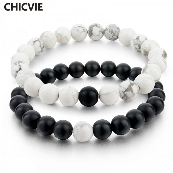 CHICVIE Black and White Natural Stone Distance Bracelets & Bangles for Women Men Strand Lovers Gifts Jewelry Bracelets SBR160101