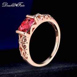 Double Fair Brand Red Crystal Wedding Rings Rose Gold Color / Silver Tone Fashion Retro Engagement Ring Jewelry For Women DFR368