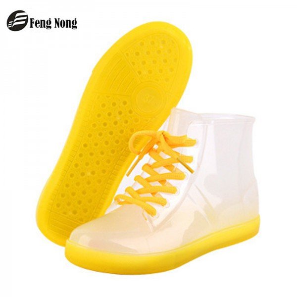 Feng Nong Ankle Rain Boots British Fashion Platform Lace Up PU Waterproof Motorcycle Colorful Ankle Martin Boots Woman Shoes