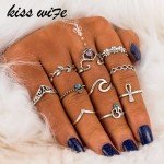 KISS WIFE 10 Pcs/Set Bohemian Ring Vintage Rings Leaves twisted Flower cross Ring For 2017 Fashion 