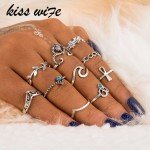 KISS WIFE 10 Pcs/Set Bohemian Ring Vintage Rings Leaves twisted Flower cross Ring For 2017 Fashion 