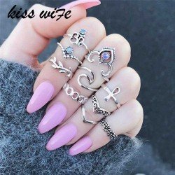 KISS WIFE 10 Pcs/Set Bohemian Ring Vintage Rings Leaves twisted Flower cross Ring For 2017 Fashion 