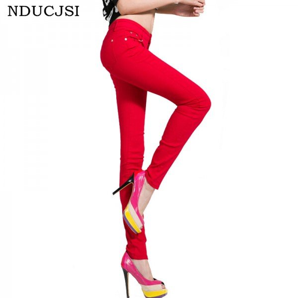 NDUCJSI Casual Jeans Women Jeans Cotton Pencil Legins Femme Skinny Jeans Mid Waist Woman Slim Fit Woman Full Length Candy Color