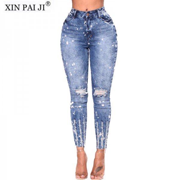New 2018 Spring Summer Stretchy Blue Hole Ripped Jeans Woman Denim Pants Trousers For Women Pencil Skinny Jeans