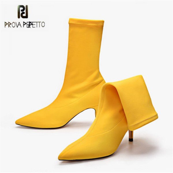 Prova Perfetto 2018 New Women Sock Boots Pointed Toe Elastic High Boots Slip On High Heel Ankle Boots Women Pumps Stiletto Botas