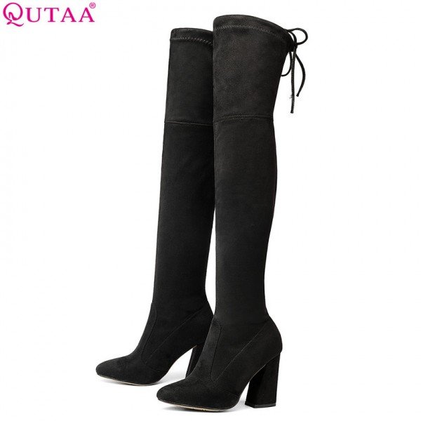 QUTAA 2018 New Flock Leather Women Over The Knee Boots Lace Up Sexy High Heels Women Shoes Lace Up Winter Boots Warm Size 34-43