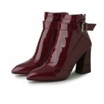 QUTAA Burgundy Pointed Toe PU Patent Leather Women Shoes Zipper Square High Heel Ankle Boots Women Motorcycle Boot Size 34-43