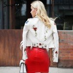 Simplee Embroidery floral faux leather jacket White basic jackets outerwear coats Women casual autumn winter jacket female coat