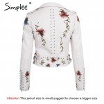 Simplee Embroidery floral faux leather jacket White basic jackets outerwear coats Women casual autumn winter jacket female coat