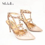 Stkehidba Women Pumps Pointed Toe High Heels Fashion Women Shoes Rivets Pumps Genuine Leather Ankle Strap High Heel Shoes 33-43