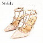 Stkehidba Women Pumps Pointed Toe High Heels Fashion Women Shoes Rivets Pumps Genuine Leather Ankle Strap High Heel Shoes 33-43