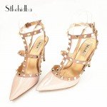 Stkehidba Women Pumps Pointed Toe High Heels Fashion Women Shoes Rivets Pumps Genuine Leather Ankle Strap High Heel Shoes 33-43