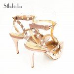 Stkehidba Women Pumps Pointed Toe High Heels Fashion Women Shoes Rivets Pumps Genuine Leather Ankle Strap High Heel Shoes 33-43