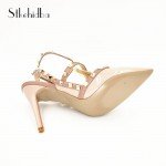 Stkehidba Women Pumps Pointed Toe High Heels Fashion Women Shoes Rivets Pumps Genuine Leather Ankle Strap High Heel Shoes 33-43