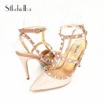 Stkehidba Women Pumps Pointed Toe High Heels Fashion Women Shoes Rivets Pumps Genuine Leather Ankle Strap High Heel Shoes 33-43