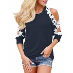 StyleDome Women Blouse Off Shoulder Shirts Crochet Lace Long Sleeve Casual Round Neck Tee Tops