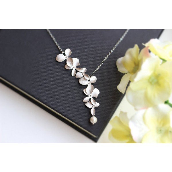 Todorova Orchid Flower with Simulated Pearl Necklace Pendant Charm Long Chain Collars Necklace for Women Chic Party Gift Jewelry