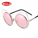 Winla 2017 Fashion Sexy Cat Eye Sunglasses Women Coating Reflective Mirror Diamond Decoration Glasses Female Shades UV400 WL1016