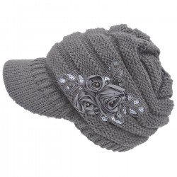 Women's Cable Knit Visor Hat with Flower Accent Grey Color