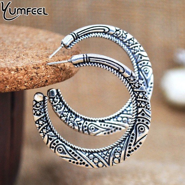 Yumfeel New Vintage Jewelry Earrings Antique Golden Vintage Tibetan Silver Hoop Earrings for Women Gifts Vintage Hoops